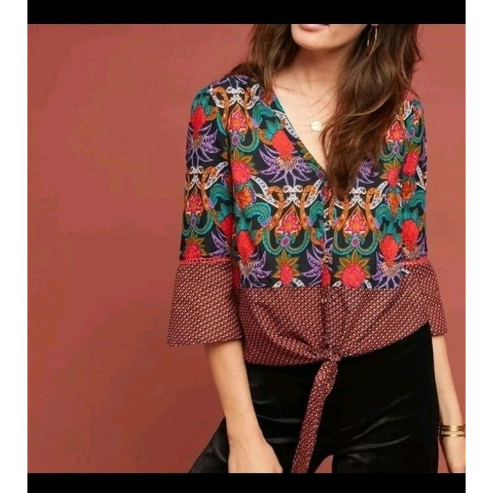 Maeve by Anthropologie Carter Floral Tie Front Button Top Boho Blouse Size 12